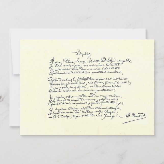 Autografmanuskript för Voyelles-kort (Rimbaud) Kort (Framsida)