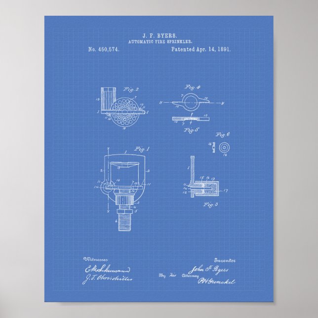 Automatisk brandsprinkler 1891-patent - blåkopia poster (Framsidan)