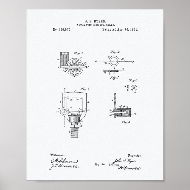 Automatisk brandsprinkler 1891 Patent - vit Papper Poster (Framsidan)