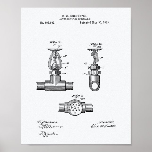 Automatisk brandsprinkler 1893 Patent - vit Papper Poster (Framsidan)