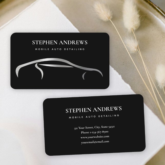 Automatisk identifiering av Silver Städning automa Visitkort (Silver Auto Detailing Cleaning Auto Repair Black Business Card)