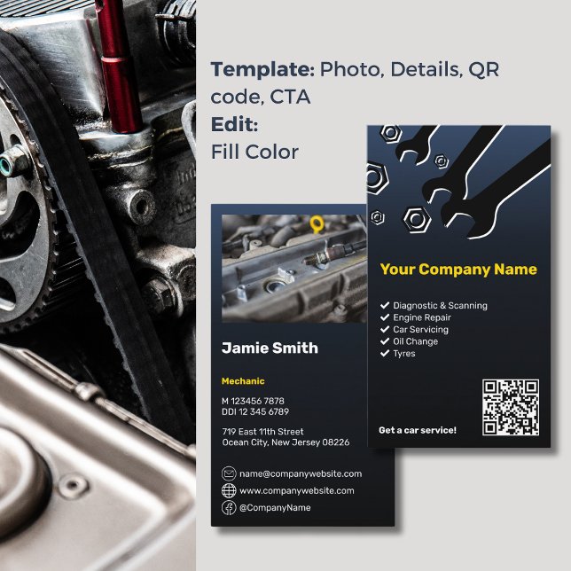 Automatisk mekanism för professionellens Anpassnin Visitkort (Professional Custom Blue QR Code Auto Mechanic Business Card, Photo, Service List, Virtual Icons)