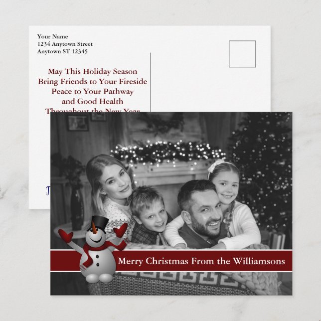 Automatiskt svartvitt och vitt julfoto med Snögubb Vykort (Fram/baksida)