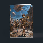 Automatonernas födelsedagsparad kort<br><div class="desc">En robotmarschorkester som spelar musikinstrument marscherar nerför en kullerstensgata medan luftskepp seglar ovanför på denna charmiga,  steampunk-inspirerade födelsedagskort. Perfekt för alla som älskar steampunk,  parader,  fantasi och science fiction.</div>