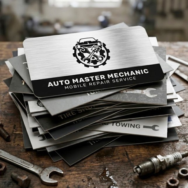 AUTOMOTIVE REPAIR SERVICE | CAR / AUTO MECHANIC VISITKORT (This stylish and manly auto mechanic repair service business card)