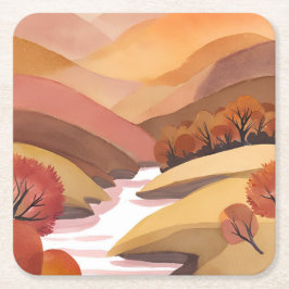 Autumn Abode | Fall Foliage Watercolor Landscape Underlägg Papper Kvadrat