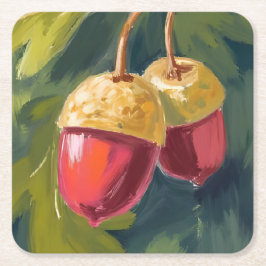 Autumn Acorns | Watercolor Fall Red Green Underlägg Papper Kvadrat