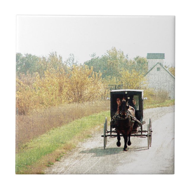 Autumn Amish Horse and Buggy Kakelplatta (Framsidan)