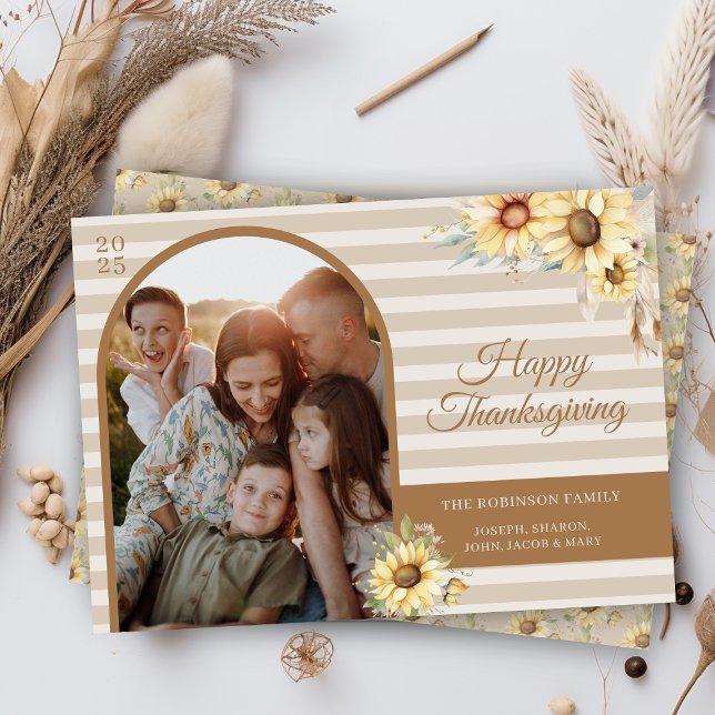 Autumn Arch Sunblommor Chic Happy thanksgiving Julkort (elegant tan and cream happy thanksgiving card with arch photo and watercolor sunflowers and message)