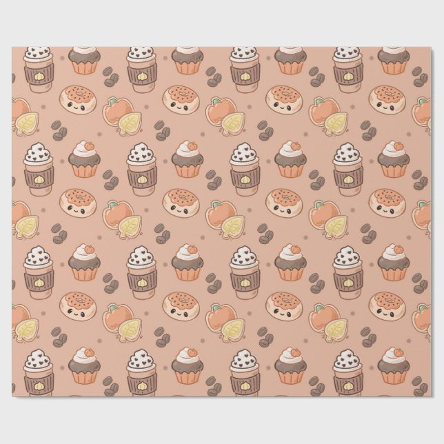 Autumn Baked Goods & Coffee Kawaii Pattern Presentpapper (Platt)