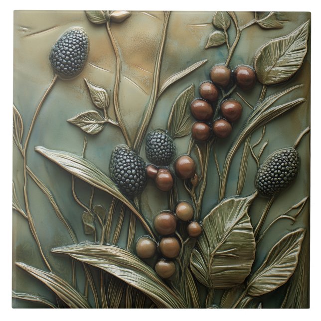 Autumn Berry Gren Botanical Faux Relief Kakelplatta (Framsidan)