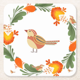 Autumn Bird Folk Art Underlägg Papper Kvadrat