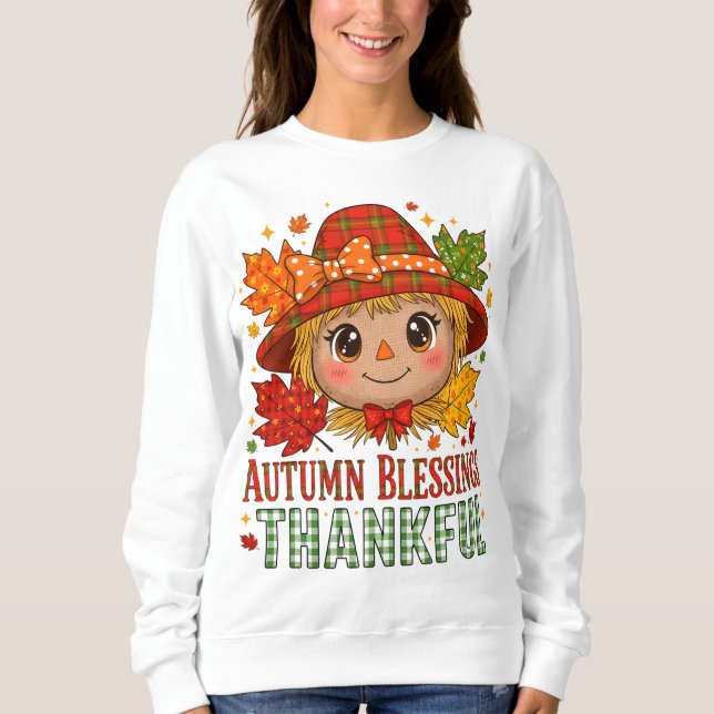 Autumn Blessings Scarecrow Sweatshirt – Cozy Thank T Shirt (Framsida)