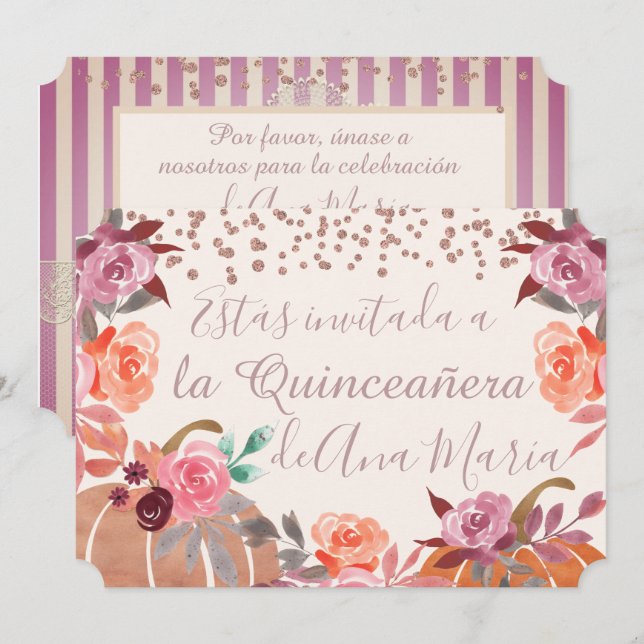 Autumn Blommigt de Borgoña Quinceanera Celebración Inbjudningar (Fram/baksida)