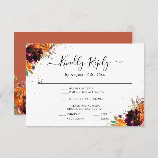 Autumn Blommigt Teracotta Bröllop Response Tilläggskort (Fram/baksida)
