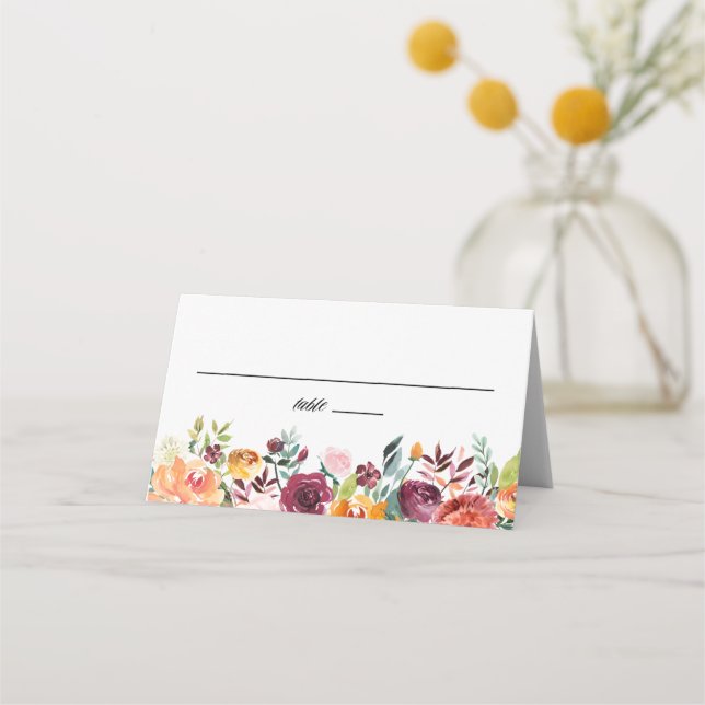 Autumn Blooms Blommigt Garland Fall Wedding Placeringskort (Framsida)