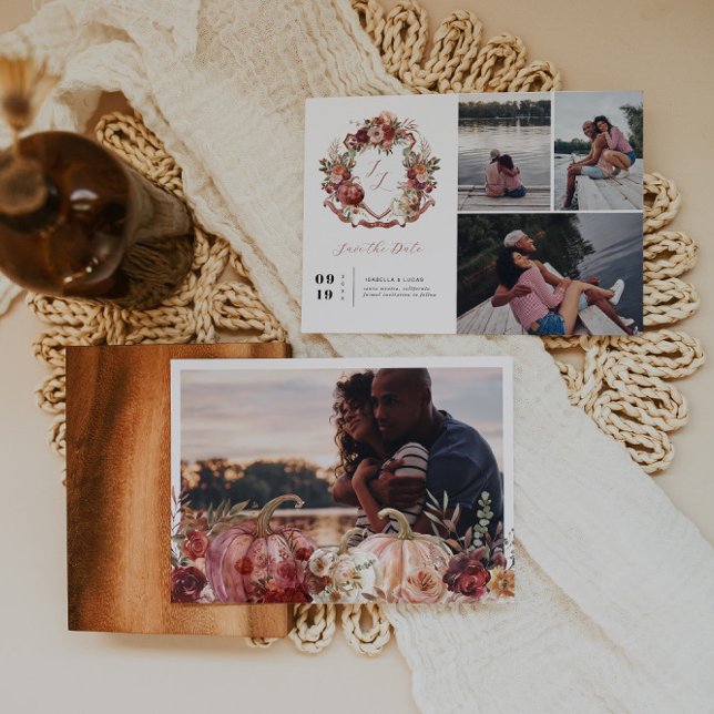 Autumn Blooms | Blommigt Vapensköld Bröllop 4-foto Spara Datumet (Skapare uppladdad)