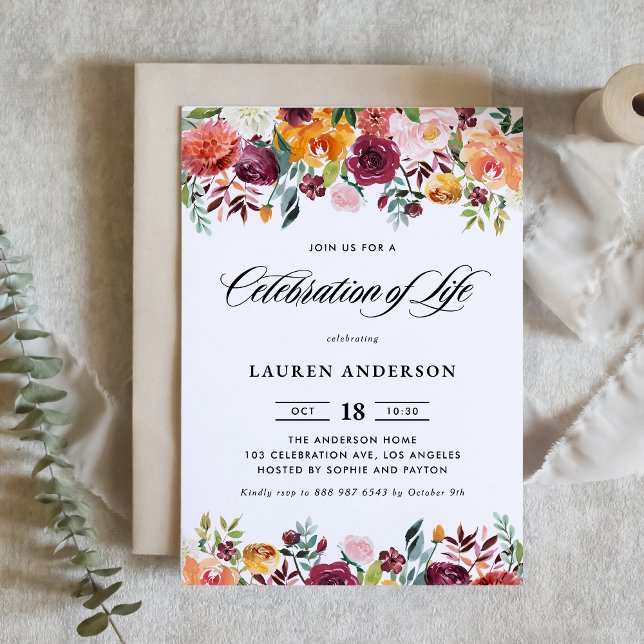 Autumn Blooms Garland Floral Celebration of Life Inbjudningar ( Autumn Watercolor Floral Garland Celebration of Life Invitation with Greenery Accents)