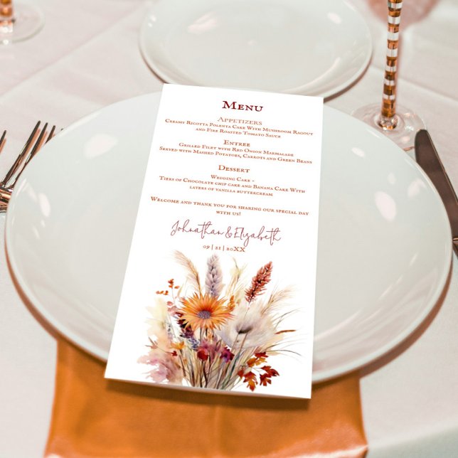 Autumn Boho Blommigt Bröllop Meny (Autumn Boho Floral White Wedding Menu)