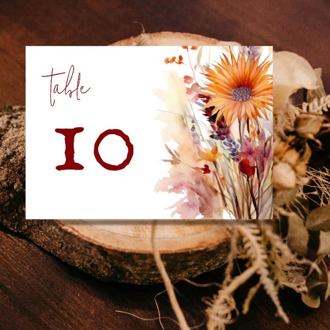 Autumn Boho Blommigt Bröllop | Vit Bordsnummer (Autumn Boho Floral White Wedding Reception Table Number Card)