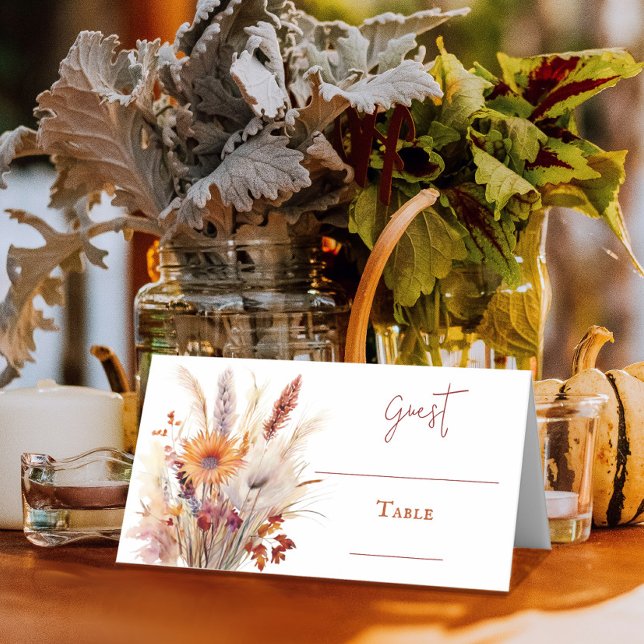 Autumn Boho Blommigt Bröllop | Vit Placeringskort (Autumn Boho Floral White Wedding Table Place Card)