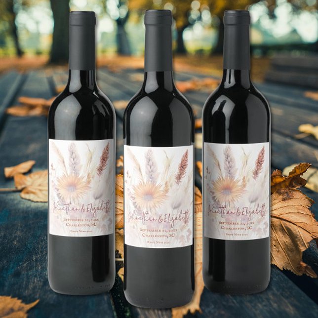 Autumn Boho Blommigt Bröllop | Vit Vinflaska Etikett (Autumn Boho Floral White Wedding Wine Labels)