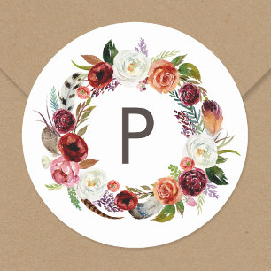 Autumn Boho Blooms Wandan Bröllop Monogram Runt Klistermärke