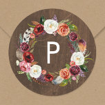 Autumn Boho Blooms Wandan Bröllop Monogram Runt Klistermärke<br><div class="desc">Anpassningsbar tryckte runda klistermärken med vattenfärgad blommigt utandning i rustik höst färger på en faux träbakgrund. Anpassa den med den inledande eller andra anpassningsbarna i monogrammet. Använda designen verktyg om du vill ändra texten typsnitt och färg eller lägga till egna foton för att skapa en unik design av ett slag....</div>