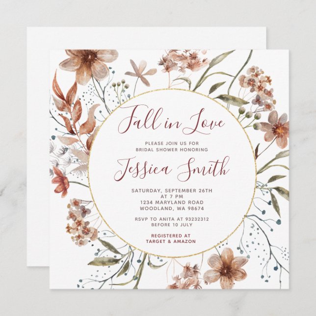 Autumn Boho Wildblommor blommar i Kärlek Möhippa Inbjudningar (Fram/baksida)