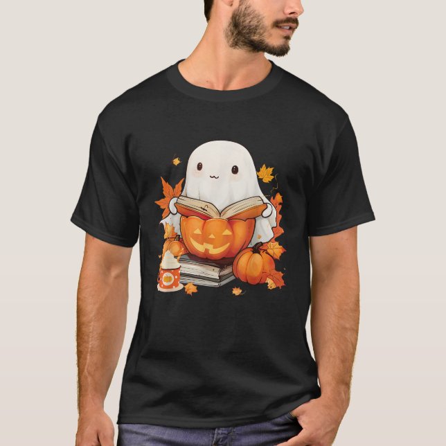 Autumn Bookish Boo Ghost Reading Bok Pumpkin T Shirt (Framsida)