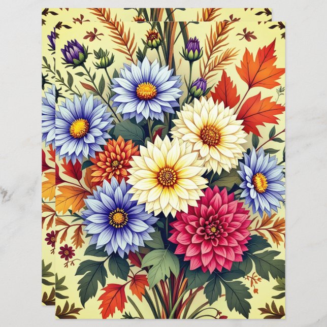 Autumn Bouquet Asters and Dahlias Scrapbook Paper (Fram/baksida)