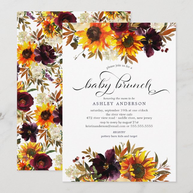 Autumn Bouquet Sunblommblommor Baby Brunch Inbjudningar (Fram/baksida)