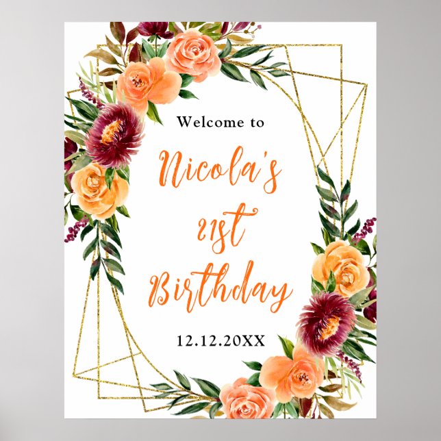 Autumn Burgundy and Orange Birthday Welcome Poster (Framsidan)