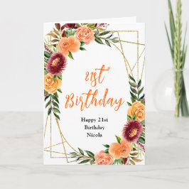 Autumn Burgundy and Orange Floral Birthday Kort