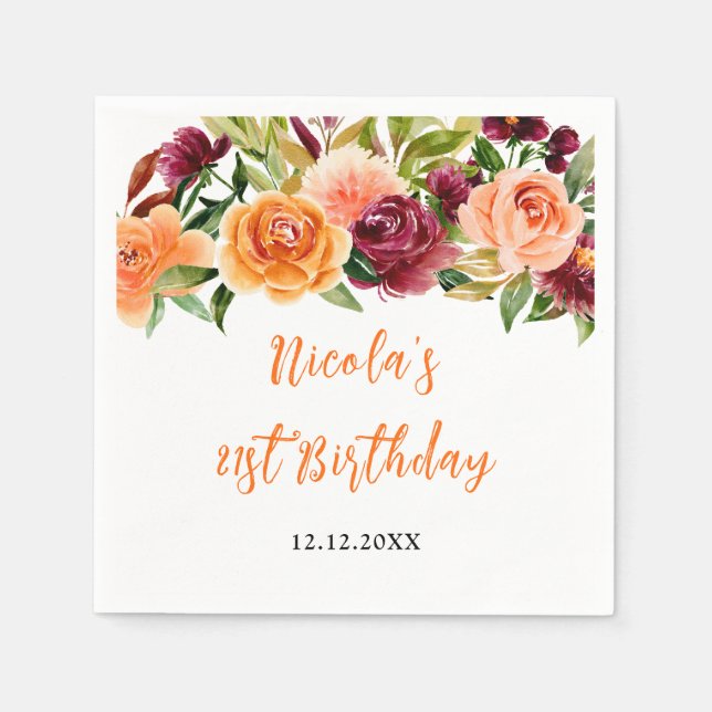 Autumn Burgundy and Orange Floral Birthday Pappersservett (Framsidan)