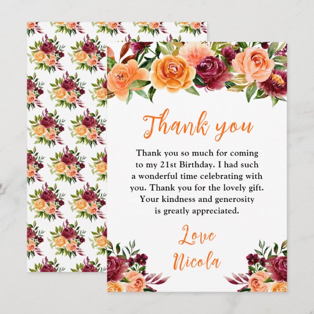 Autumn Burgundy and Orange Floral Birthday Tack Kort (Fram/baksida)
