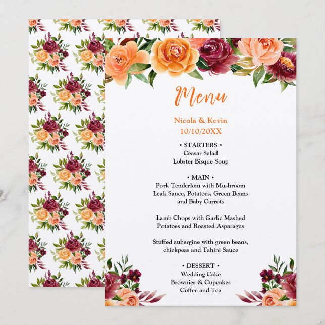 Autumn Burgundy and Orange Floral Wedding Meny (Fram/baksida)