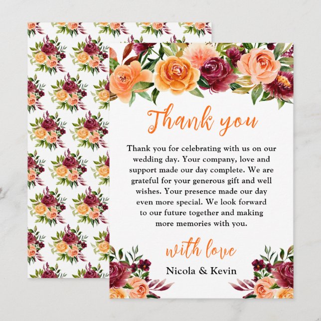 Autumn Burgundy and Orange Floral Wedding Tack Kort (Fram/baksida)