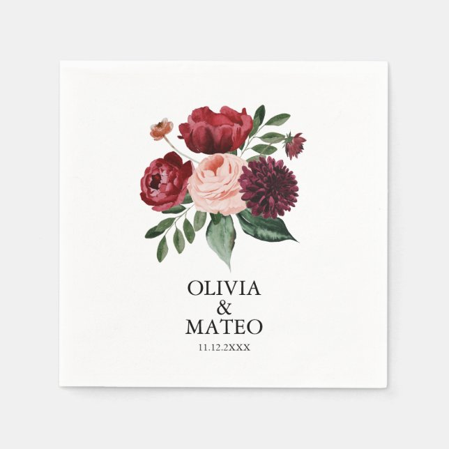 Autumn Burgundy Flower Bröllop Pappersservett (Framsidan)
