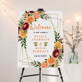 Autumn Burgundy Orange Floral Wedding Welcome Sign