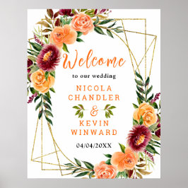 Autumn Burgundy Orange Floral Wedding Welcome Sign Poster
