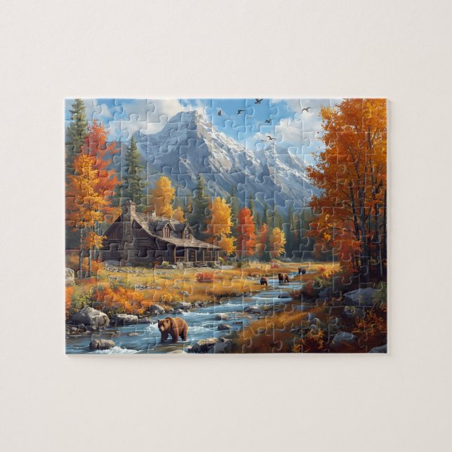 Autumn Cabin Bears River Mountain Landscape Pussel (Horisontell)