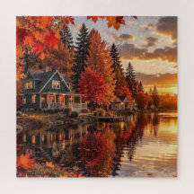 Autumn Cabin by Golden Lake Fall Foliage Scene Art