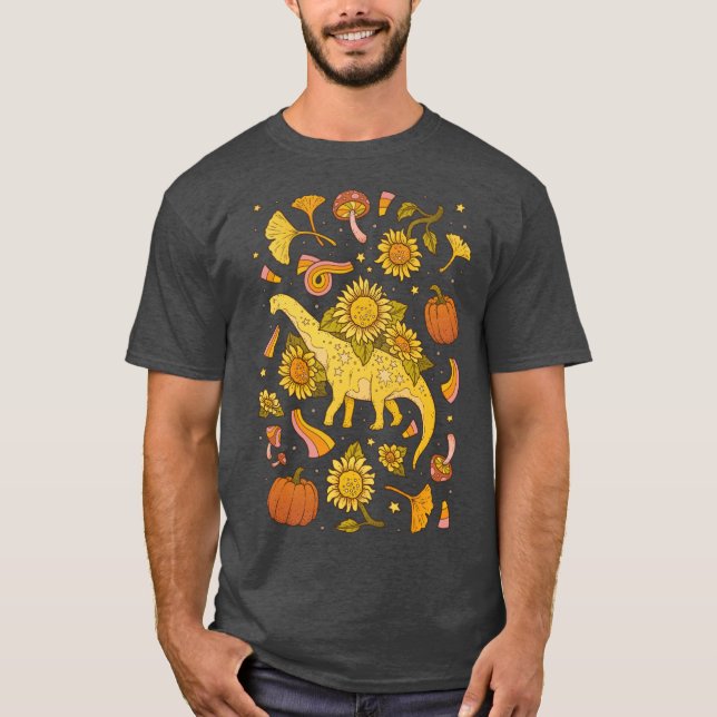Autumn Camarasaurus Fall Dinosaur Sunflower Art Fu T Shirt (Framsida)