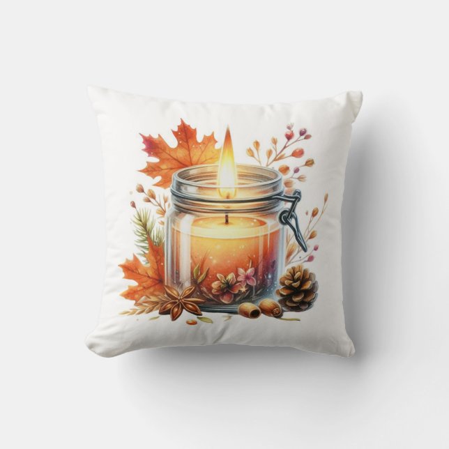 Autumn Candle & Fall Leaves Decorative Throw Pillo Kudde (Framsida)