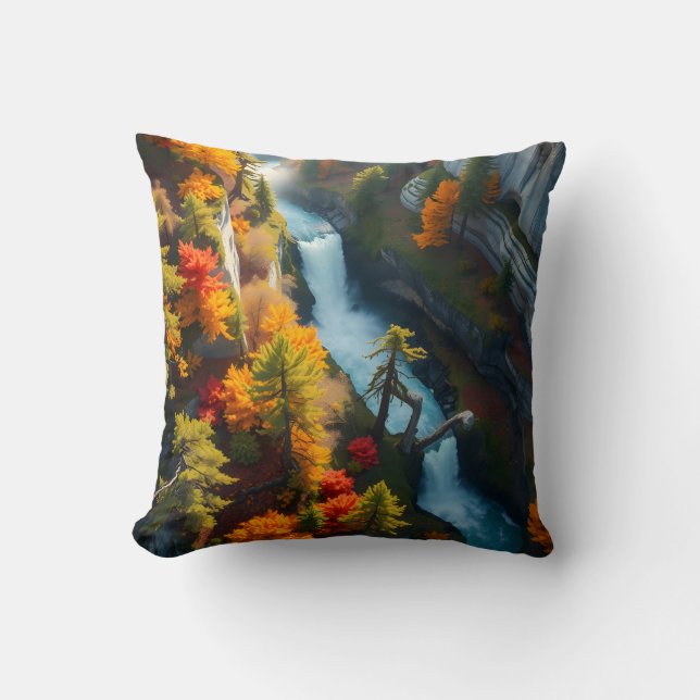 Autumn Canyon Waterfall – Vibrant Fall Forest Land Kudde (Framsida)