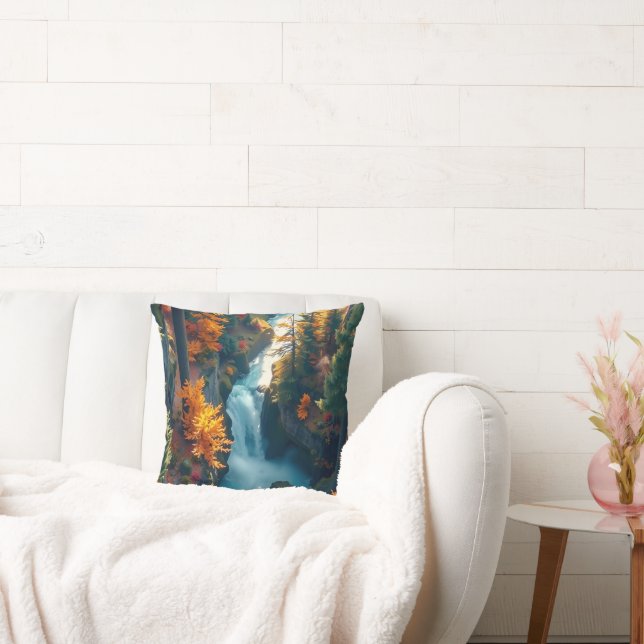 Autumn Canyon Waterfall – Vibrant Fall Forest Land Kudde (Soffa)