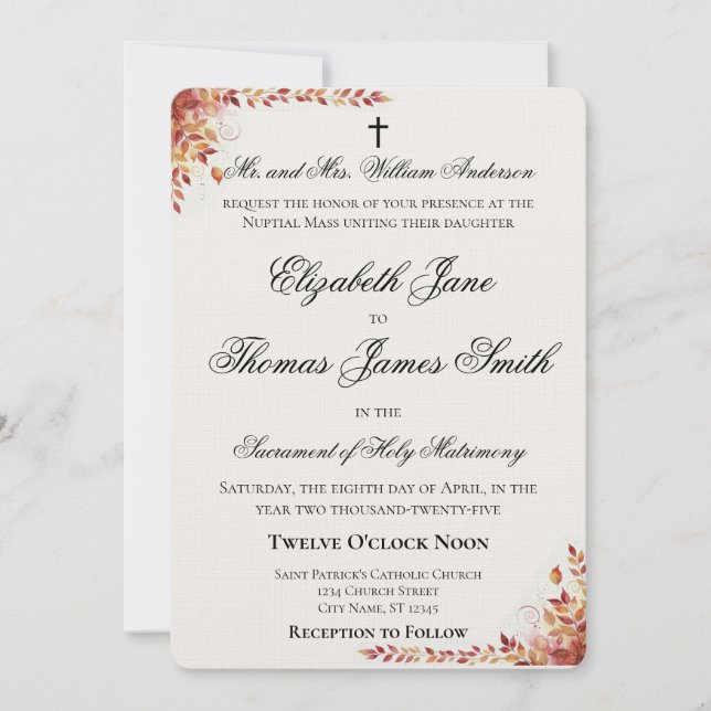 Autumn Catholic Red and Gold Wedding Invitation Inbjudningar (Framsida)