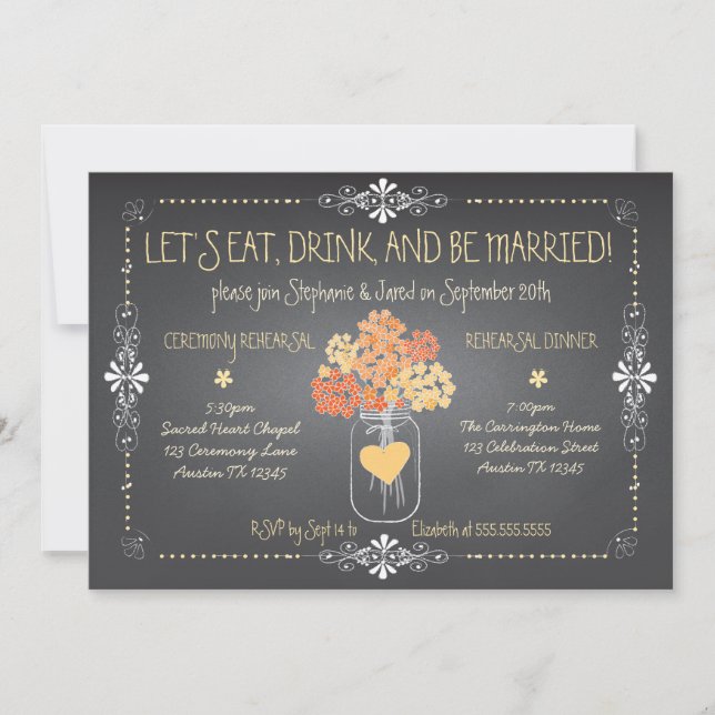 Autumn Chalkboard Bröllop Rehearsal Mason Burk Inbjudningar (Framsida)