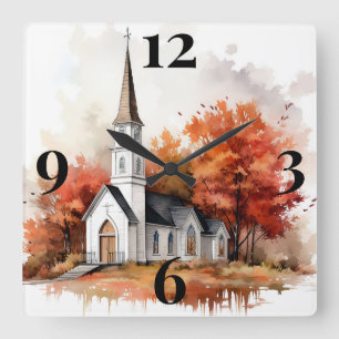 Autumn Church Fyrkantig Klocka
